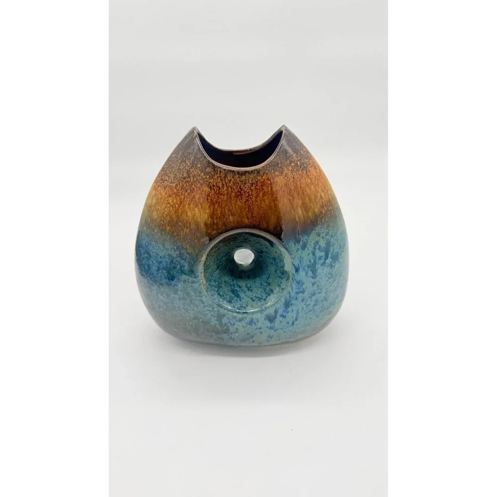 Vintage Ceramic Vase Decoration Piece 8.5 Inches Tall In Brown & Blue Distressed